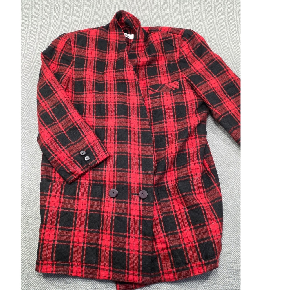 Vintage MG Red Black Plaid Oversized Double‎ Breasted Blazer Jacket Size 11 L